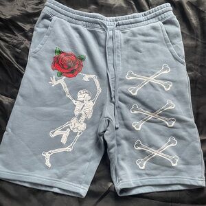 Men's Blue Athletic Shorts with Skeleton & Red Rose Graphic